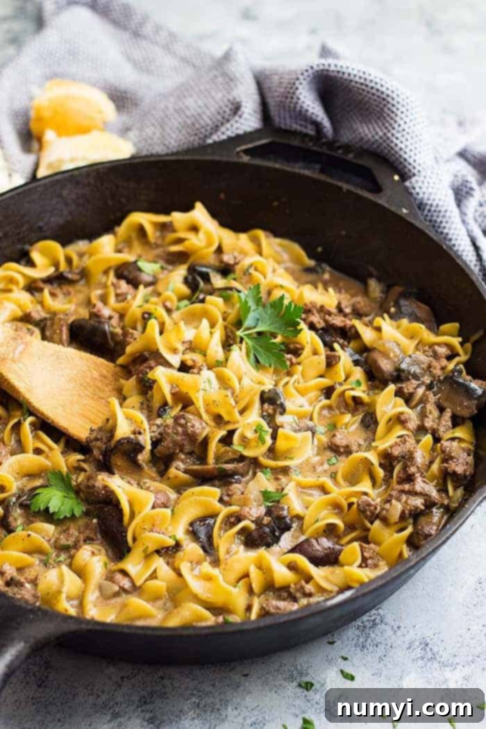 homemade hamburger helper stroganoff in skillet