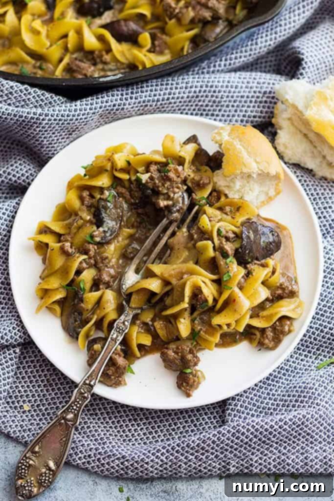 plate with a fork and hamburger helper stroganoff
