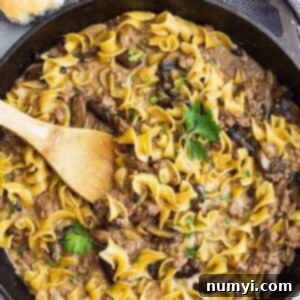 A top down view of one pot hamburger stroganoff in a pan with a spoon.