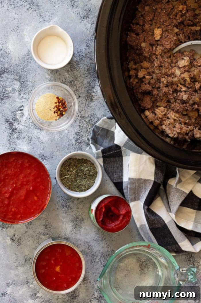 Easy Crock Pot Spaghetti Sauce 3 Overhead view of slow cooker spaghetti sauce ingredients laid out on a counter, ready to be added to the crock pot. Includes ground meat, cans of tomatoes, onions, garlic, and various seasonings.