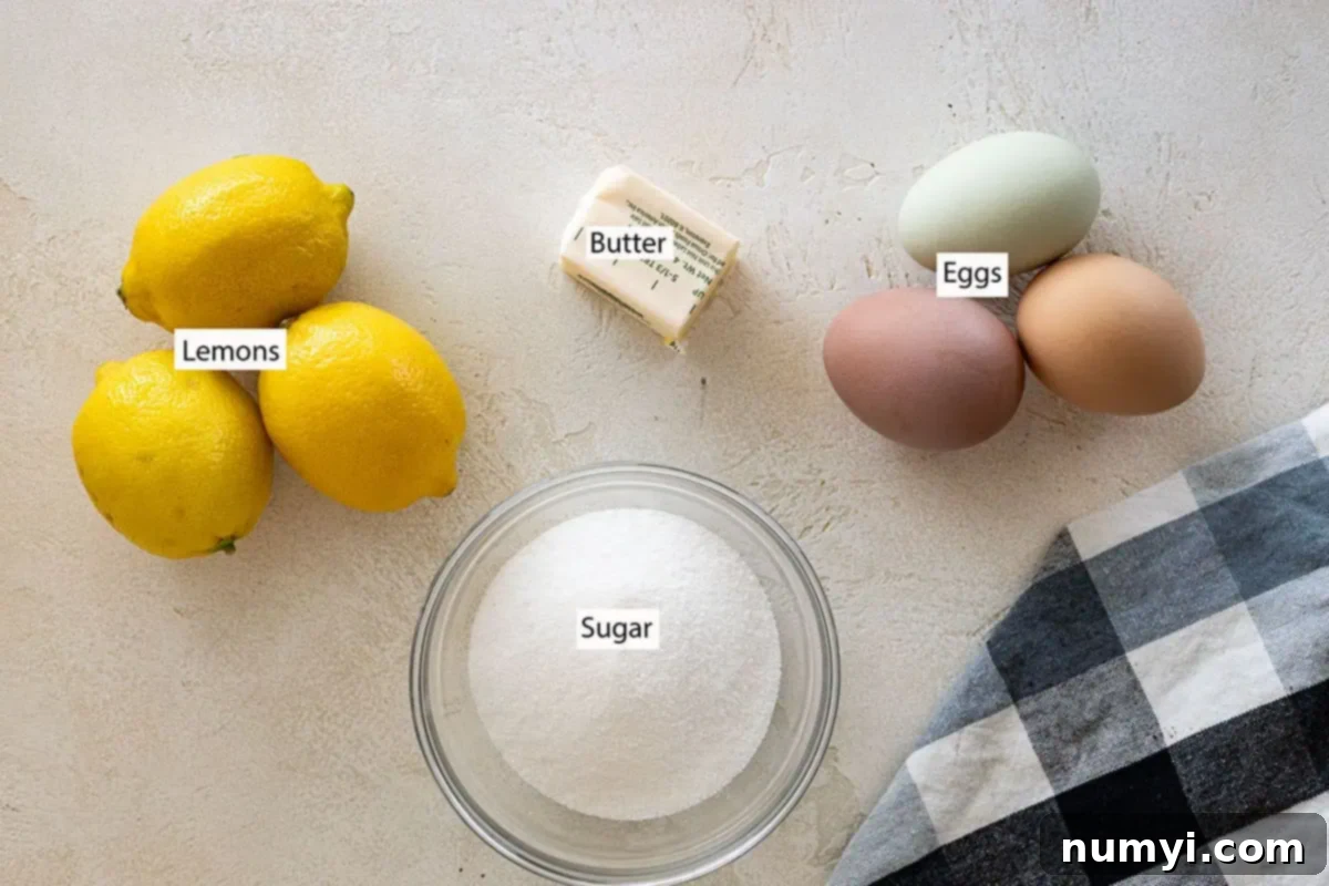 Ingredients: lemons, butter, eggs, and sugar.