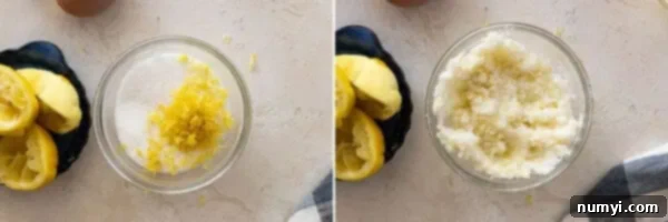 Two pictures showing adding the zest to the sugar and the other rubbing the zest with the sugar.