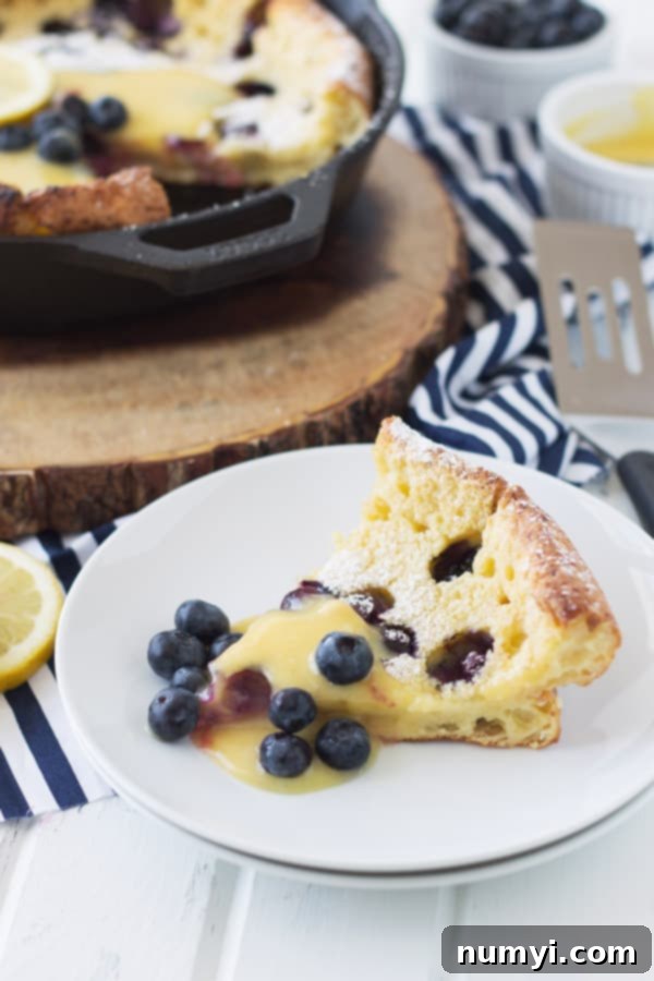 Two images side by side: one showing a Blueberry Dutch Baby just out of the oven, and another with lemon curd being spooned on top.
