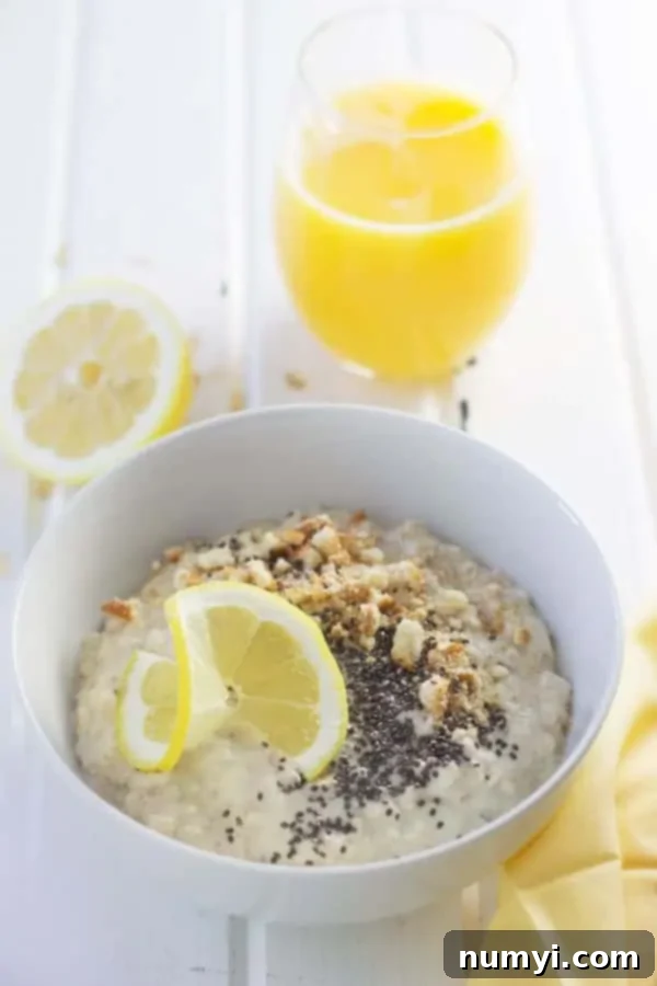 Zesty Lemon Cheesecake Overnight Oats 2 Overhead view of a bowl of creamy Lemon Cheesecake Overnight Oats topped with fresh lemon slices, crushed cookies, and chia seeds.