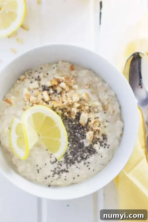 Zesty Lemon Cheesecake Overnight Oats 4 Overhead shot of a delicious bowl of lemon cheesecake overnight oats, highlighting its smooth, inviting texture.
