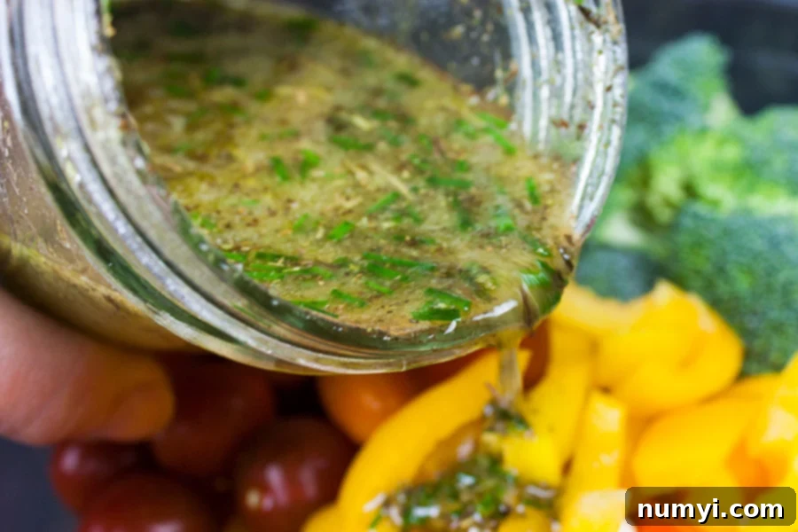 Vibrant Marinated Garden Medley 4 Marinated Fresh Vegetable Salad marinade being poured over the vegetables