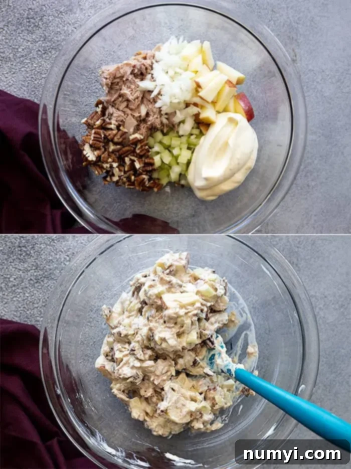 Crisp Apple Tuna Delight 4 Overhead process shot collage: Top image shows all individual ingredients for tuna and apple salad in a large bowl. Bottom image shows them mixed together.