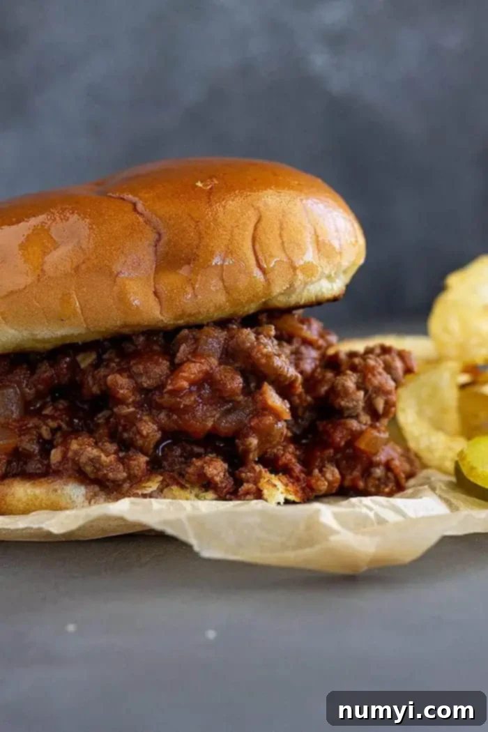 Closeup of a freshly made homemade sloppy joe sandwich, showcasing the rich, meaty sauce piled high on a toasted bun.