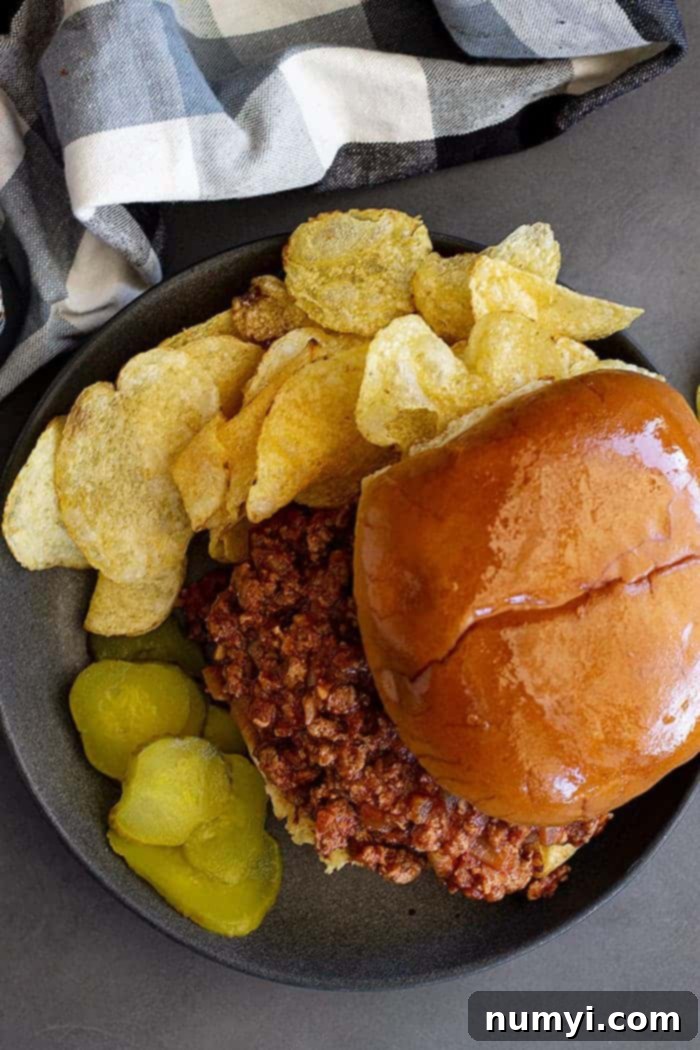 Overhead shot of a delicious homemade sloppy joe on a toasted hamburger bun, served alongside sliced dill pickles and crispy potato chips.