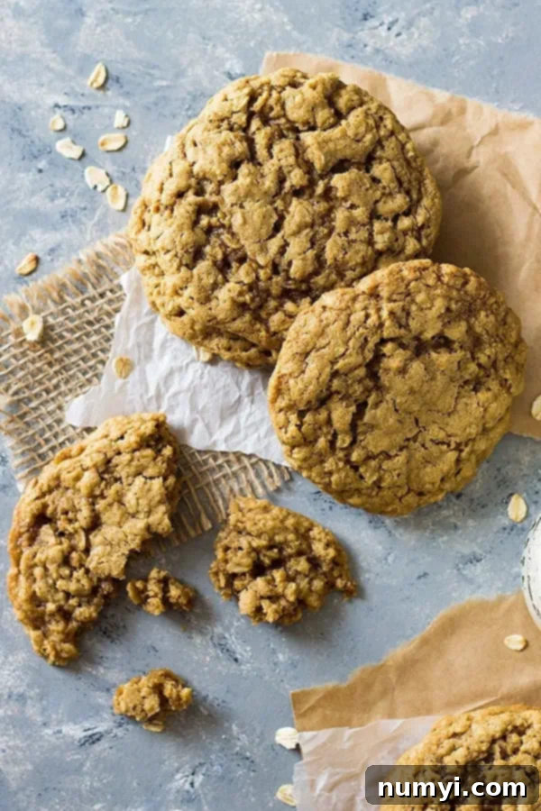 Overhead view of three soft and chewy oatmeal cookies, one broken in half to show its soft interior.