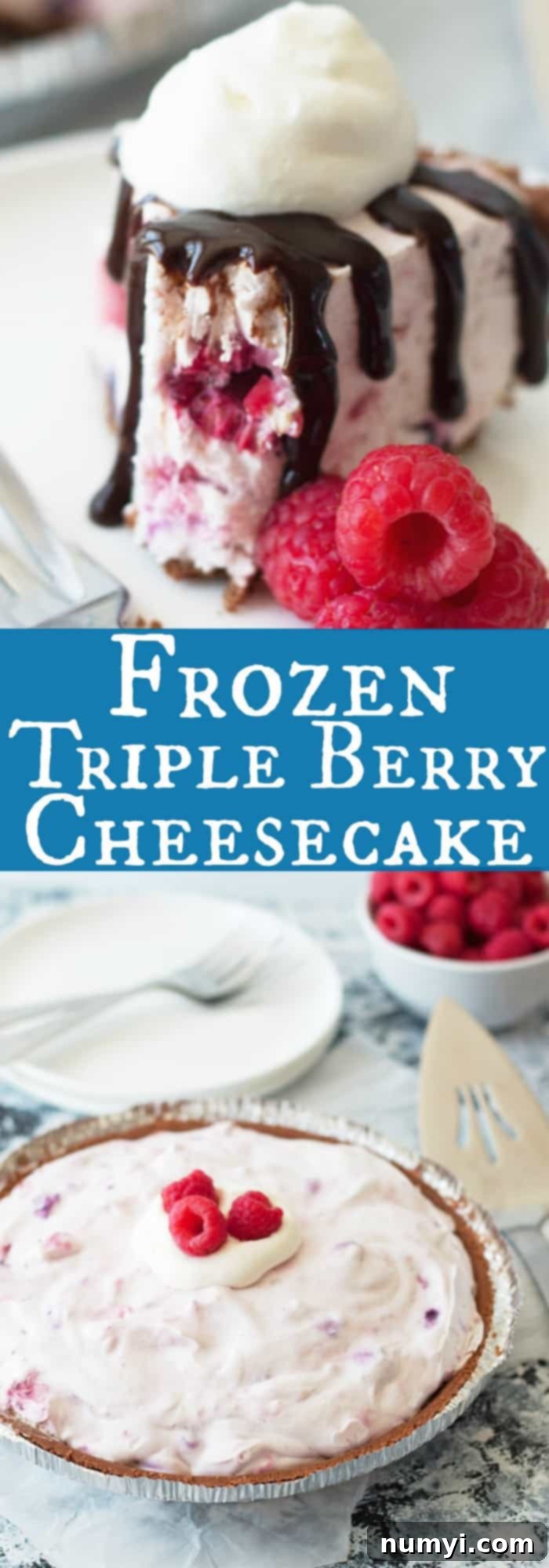 Easy to make, no bake, cool and creamy Frozen Triple Berry Cheesecake recipe. Perfect for cooling off this summer! 