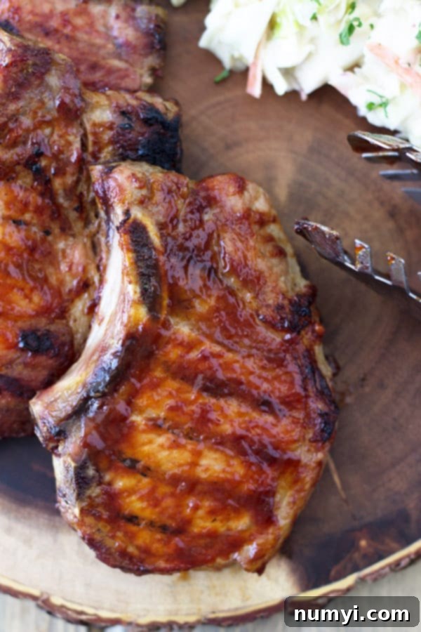 Effortless Smoked BBQ Pork Chops 5 A plate of Quick Smoked BBQ Pork Chops served with classic side dishes like creamy coleslaw and baked beans.