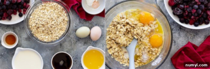 Pictures of ingredients and the ingredients all in a bowl ready to mix.