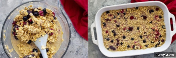 Pictures of baked oatmeal mixed in a bowl and spread in a 9x13 baking dish.