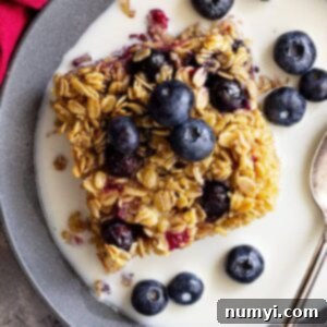 Baked oatmeal in a bowl topped with fresh blueberries and a splash of milk.