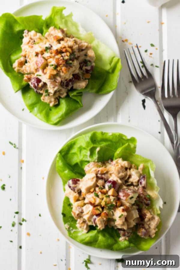 Close-up of the chicken salad mixture in a large glass bowl, highlighting the perfectly diced chicken, brightly chopped red apples, sweet halved red grapes, crisp green celery, and the distinct, savory habanero BBQ almonds.