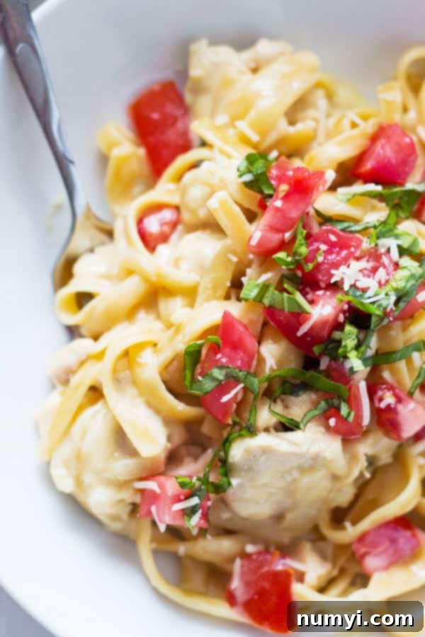 Close-up of a serving of One Pot Chicken Tomato Basil Alfredo