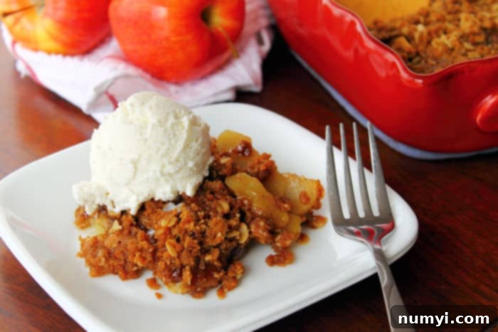 A serving of healthy apple crisp with a generous scoop of vanilla ice cream, presented on a white plate with a fork leaning on it.