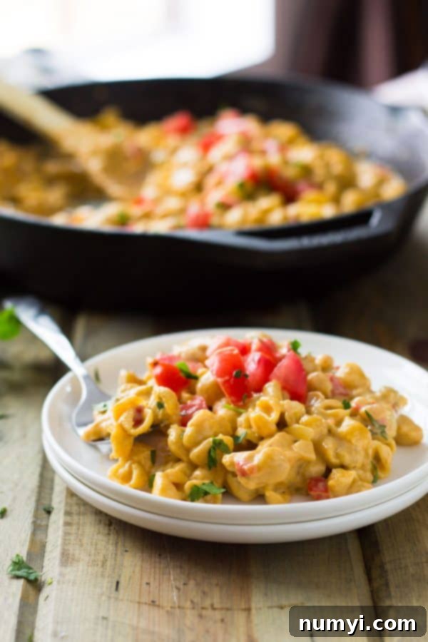 Close-up of creamy One Pot Southwestern Chicken Macaroni and Cheese ready to serve