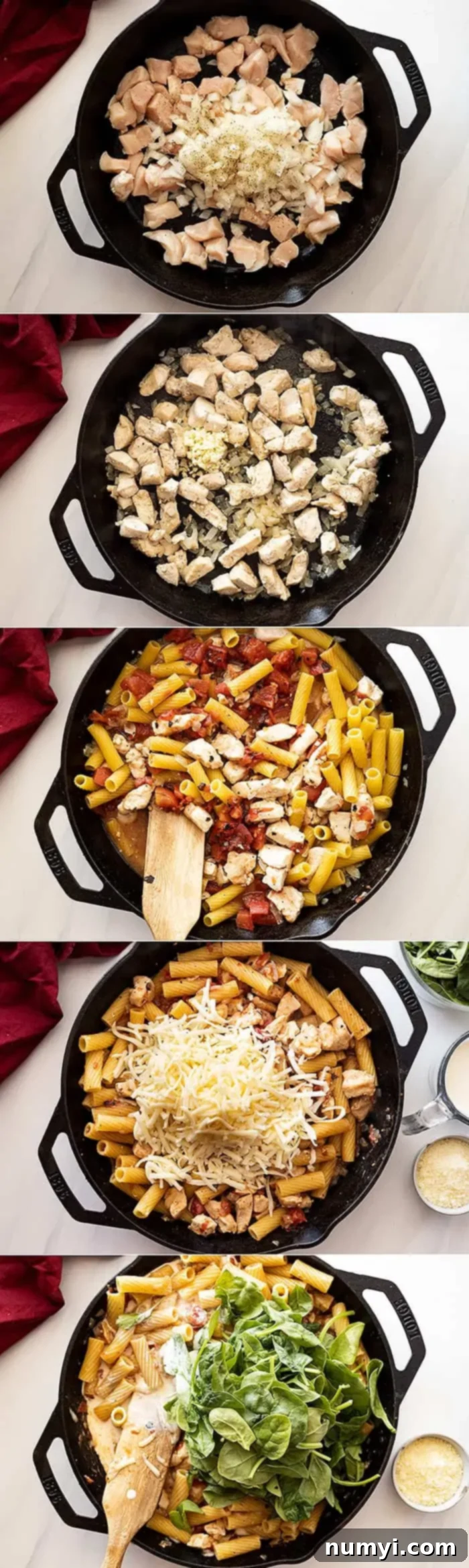 A collage of 5 step-by-step overhead process shots demonstrating how to cook One Pot Chicken Florentine Pasta, from browning the chicken and onions, to adding the pasta and broth, and finally stirring in the spinach and cream.