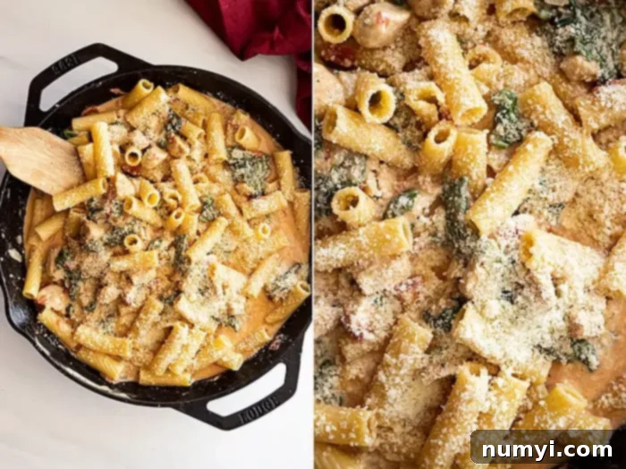 Two overhead pictures of a rich and creamy One Pot Chicken Florentine Pasta recipe served directly from a cast iron skillet, with one image being a close-up to highlight the texture and cheesy sauce.