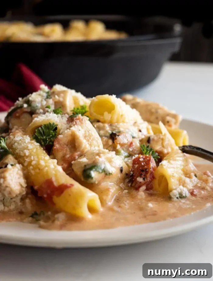 Close-up of a serving of One Pot Chicken Florentine Pasta, topped with freshly grated Parmesan cheese and a sprig of fresh parsley, showcasing the creamy sauce and perfectly cooked pasta.