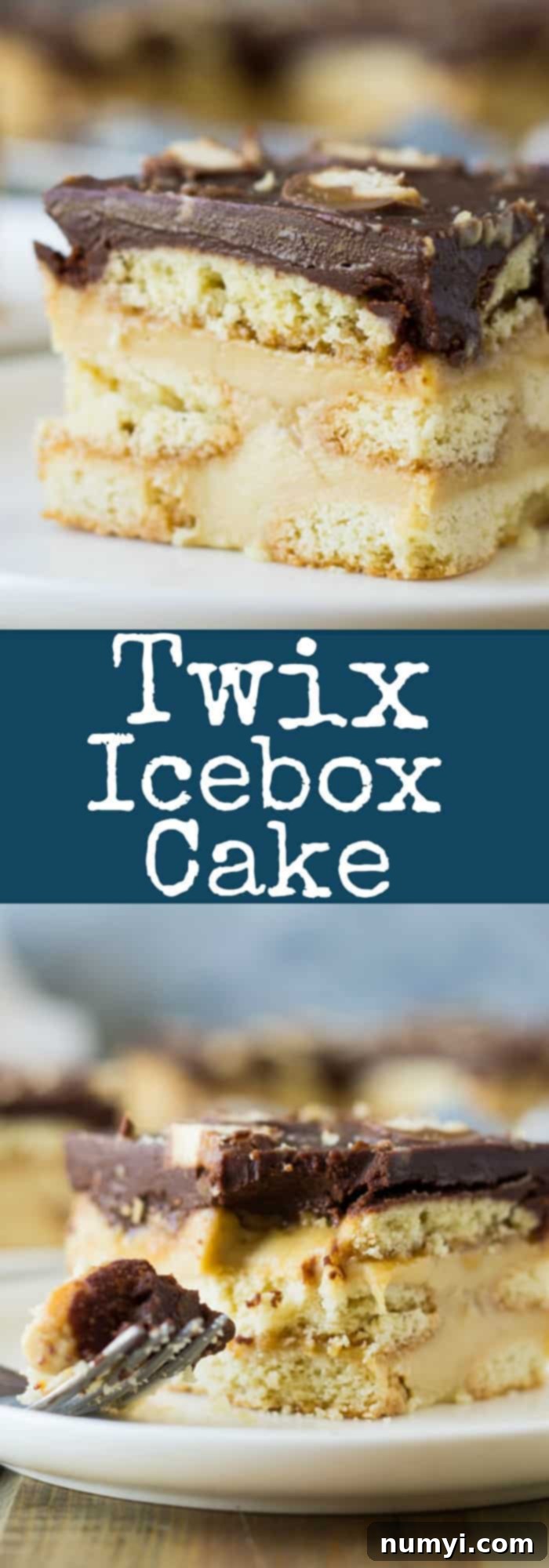Close-up of a slice of Twix Icebox Cake showing the distinct layers and topping