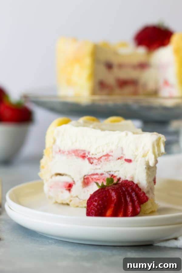 Ladyfinger Strawberry Ice Cream Cake -an easy and eye catching dessert. Layered with strawberry ice cream, luscious strawberries and topped with freshly whipped cream! | www.countrysidecravings.com 