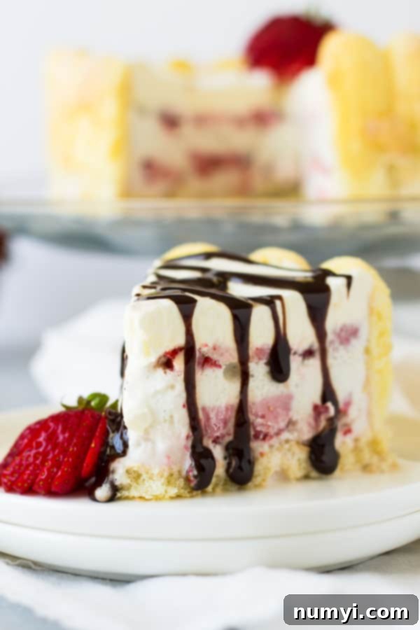 Ladyfinger Strawberry Ice Cream Cake -an easy and eye catching dessert. Layered with strawberry ice cream, luscious strawberries and topped with freshly whipped cream! | www.countrysidecravings.com 