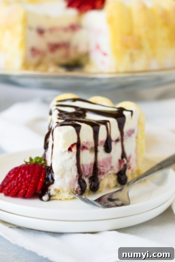 Ladyfinger Strawberry Ice Cream Cake -an easy and eye catching dessert. Layered with strawberry ice cream, luscious strawberries and topped with freshly whipped cream! | www.countrysidecravings.com 