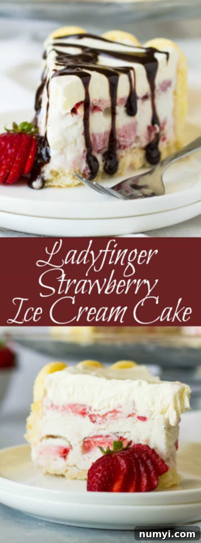 Ladyfinger Strawberry Ice Cream Cake -an easy and eye catching dessert. Layered with strawberry ice cream, luscious strawberries and topped with freshly whipped cream! | www.countrysidecravings.com 