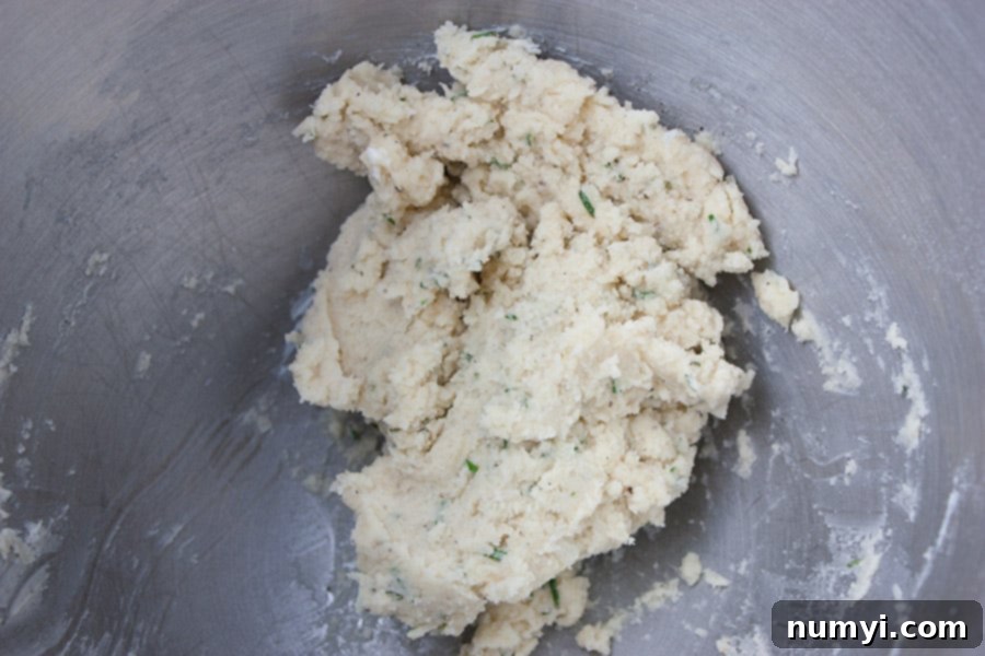 A silver mixing bowl filled with the newly combined Parmesan Rosemary Shortbread dough, showing its uniform texture, after being mixed in an electric stand mixer.