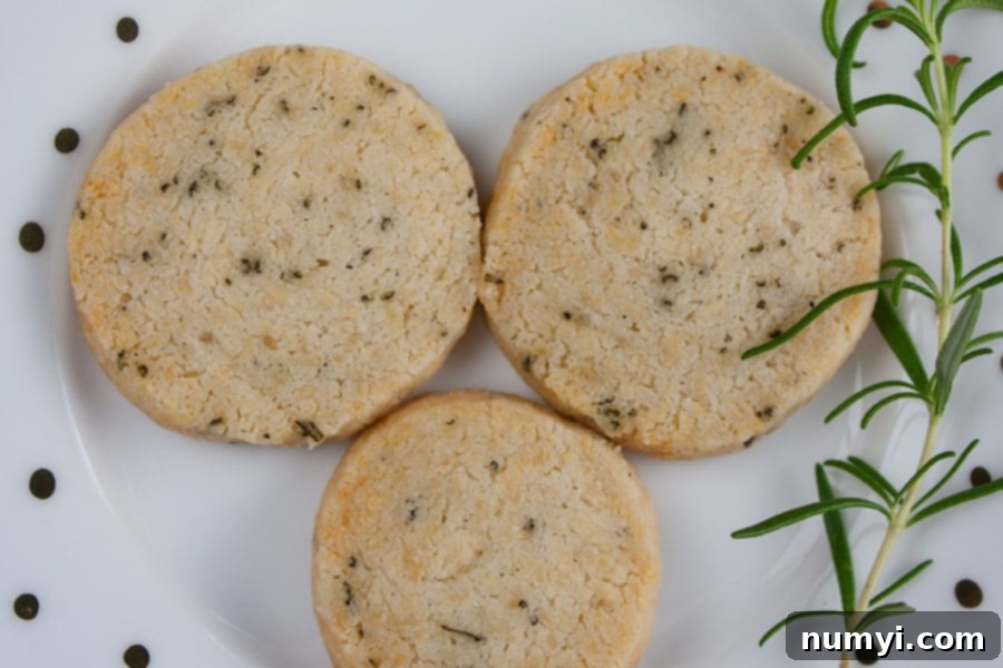 Freshly baked Savory Parmesan Rosemary Shortbread on a pristine white plate, elegantly garnished with a sprig of fresh rosemary, highlighting its golden-brown perfection.
