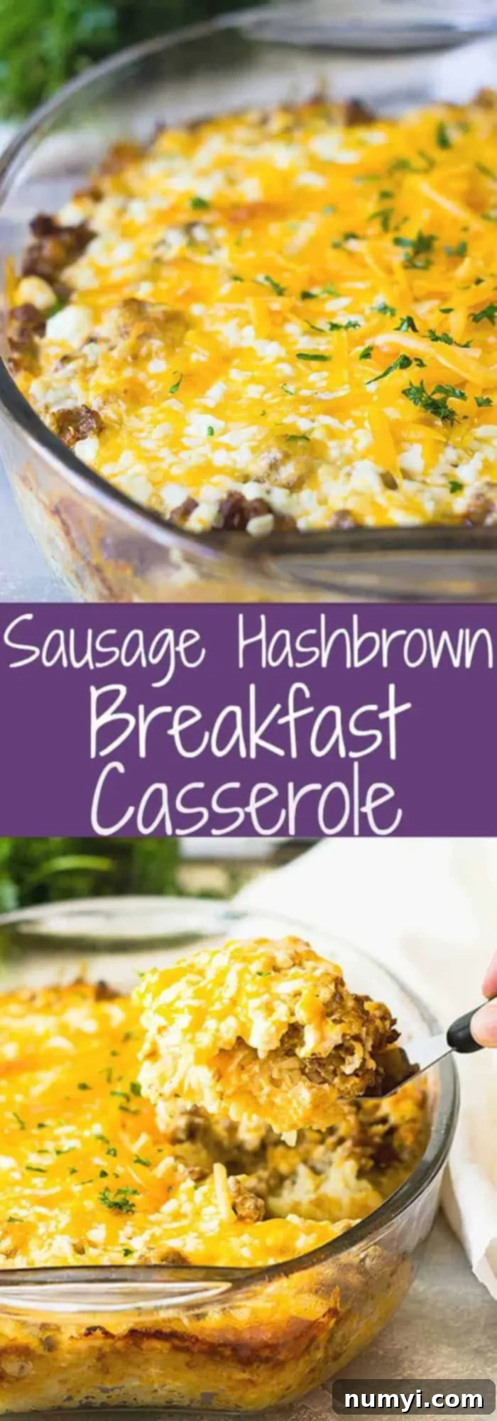 titled image (and shown): sausage hash brown breakfast casserole, a full baking dish
