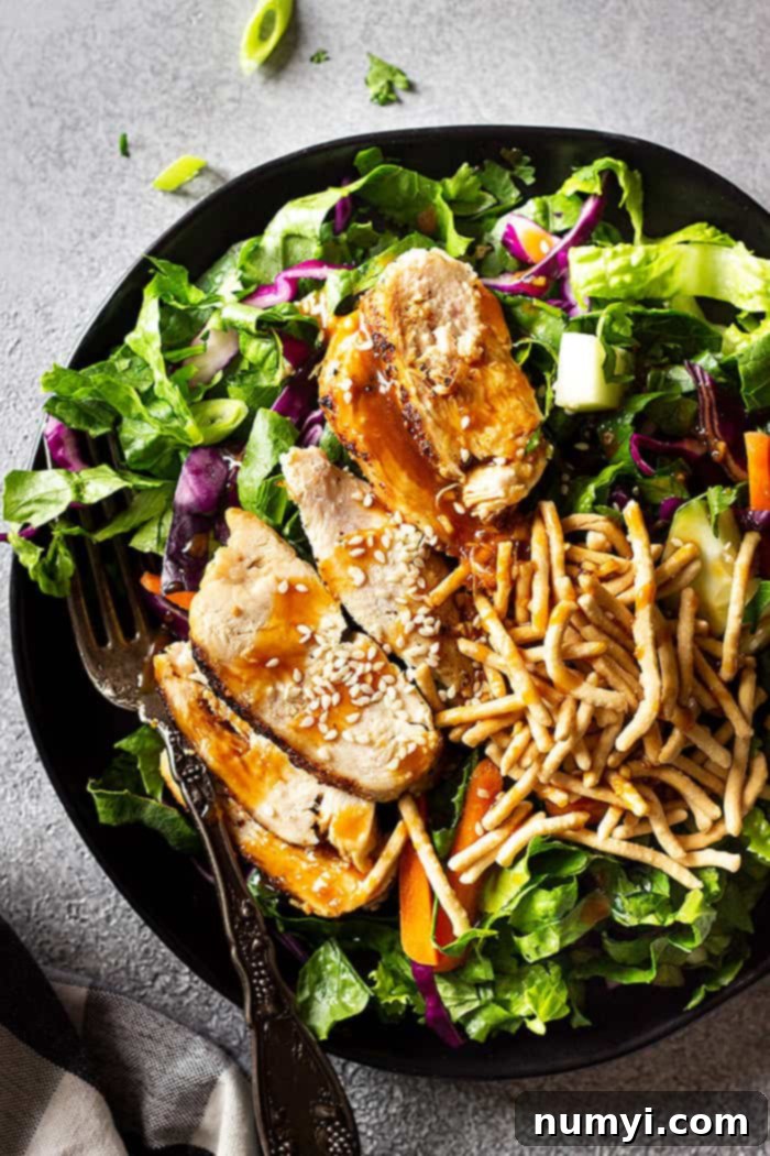Top down view of a colorful Asian Chicken Salad drizzled with sesame ginger dressing and sprinkled with sesame seeds and crunchy chow mein noodles, ready to be eaten.
