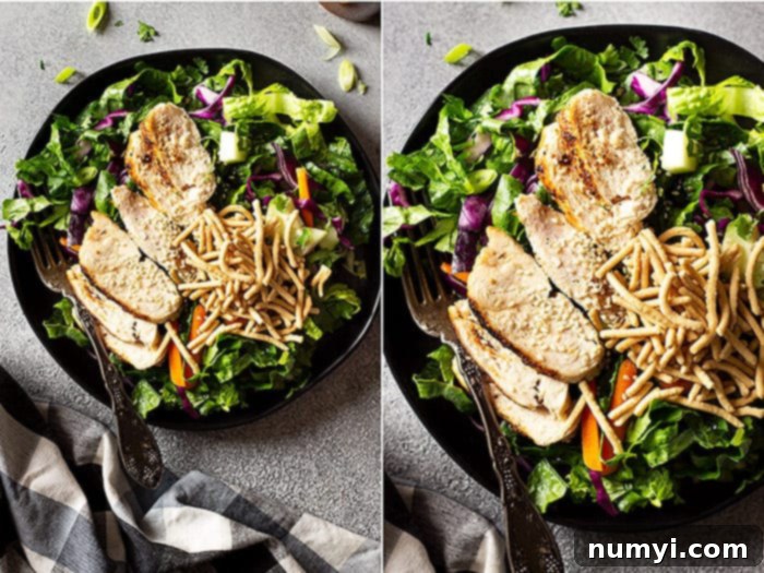 Two close-up views of the finished Asian Chicken Salad, beautifully garnished with sesame seeds and crispy chow mein noodles, highlighting the fresh and appealing presentation.