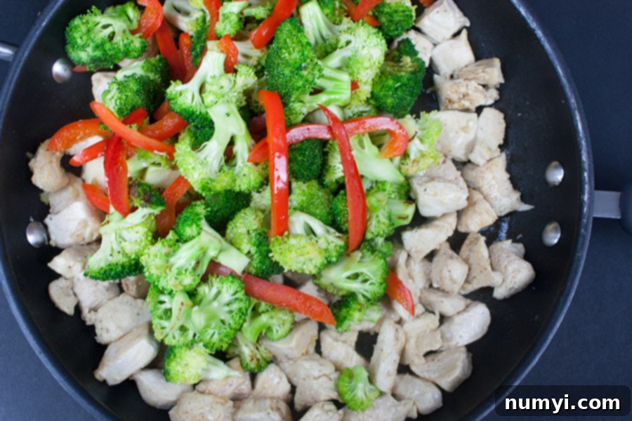 Easy Chicken and Broccoli Stir Fry - chicken, broccoli, and red bell pepper in a skillet with sauce