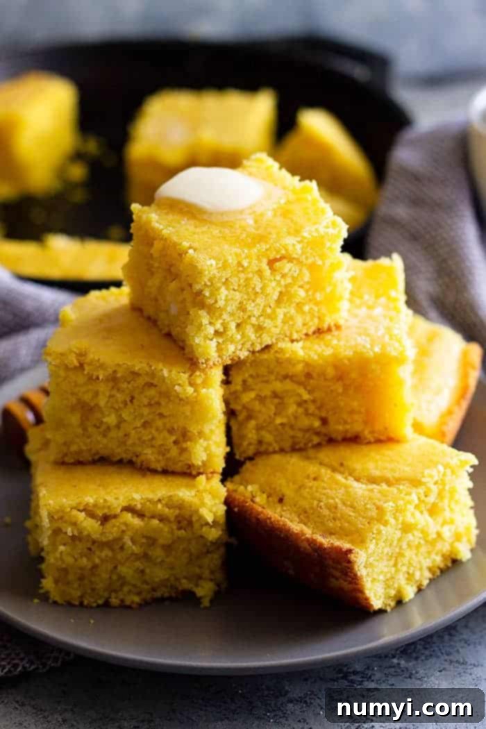 Stack of freshly baked cornbread slices, showing off their crispy edges and soft interiors.