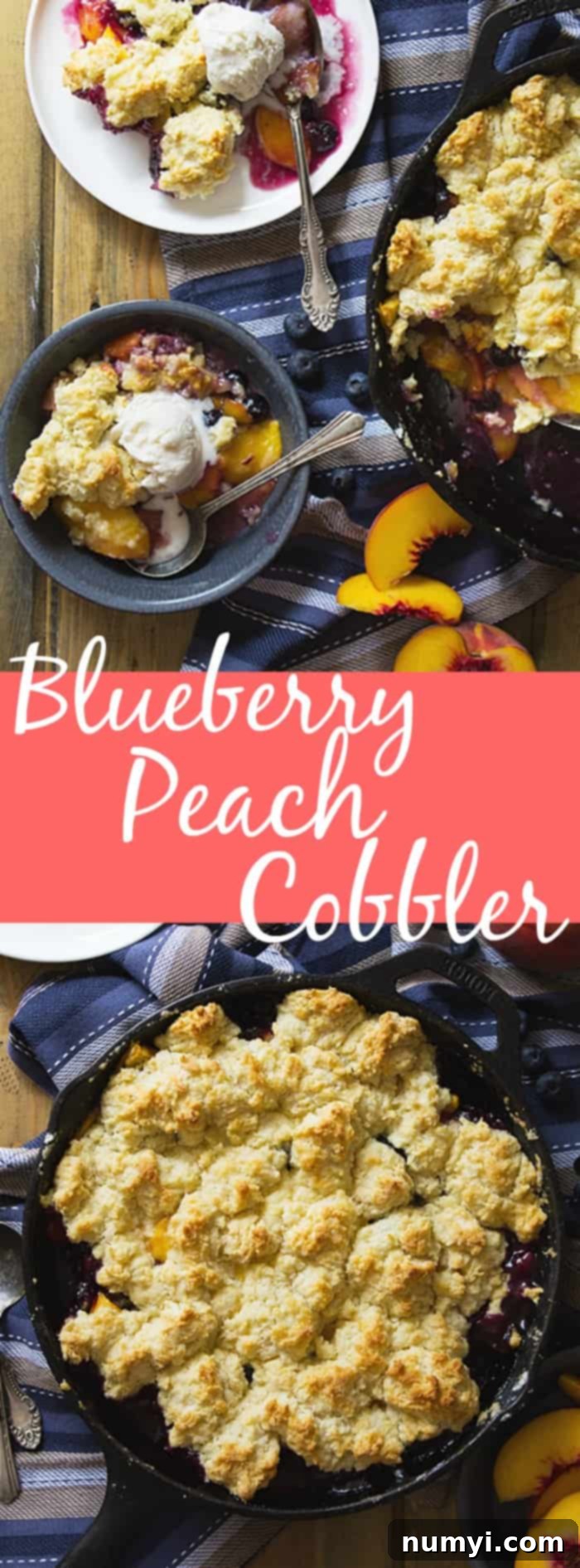 Blueberry Peach Cobbler with fresh fruit and biscuit topping, a perfect summer dessert recipe.