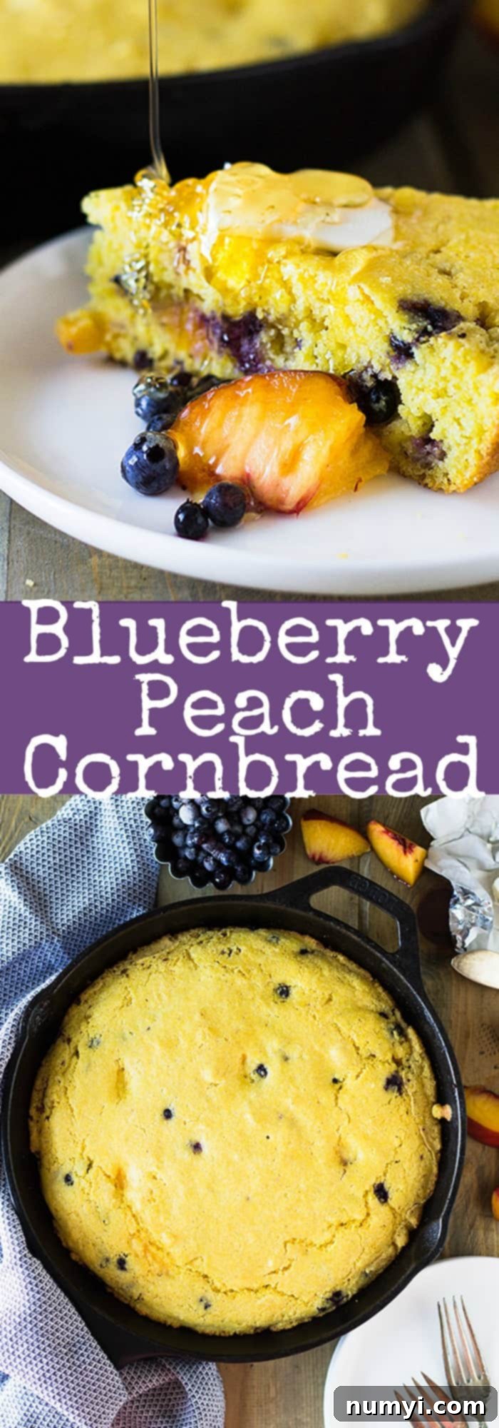 Blueberry Peach Buttermilk Cornbread, a sweet and tangy breakfast or dessert made with fresh fruit. | www.countrysidecravings.com