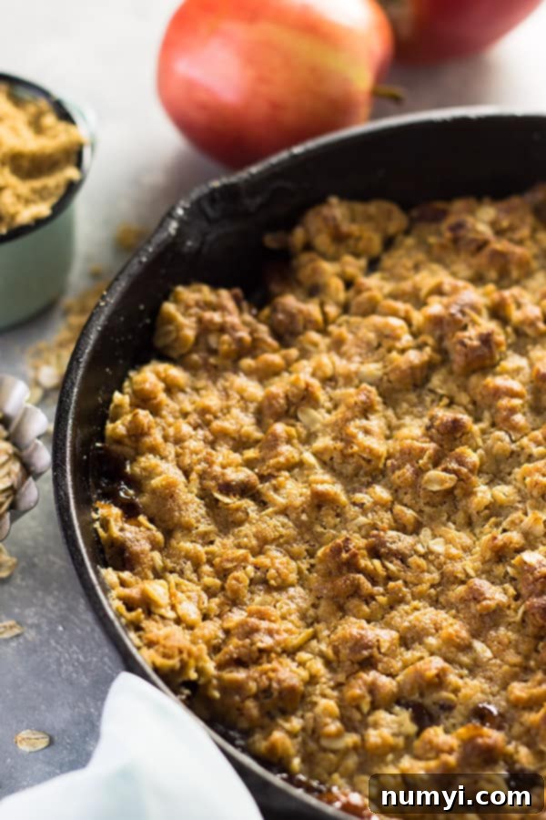 Overhead view of two servings of homemade Apple Butter Apple Crisp, showing the tender spiced apples beneath a golden oat and pecan topping.