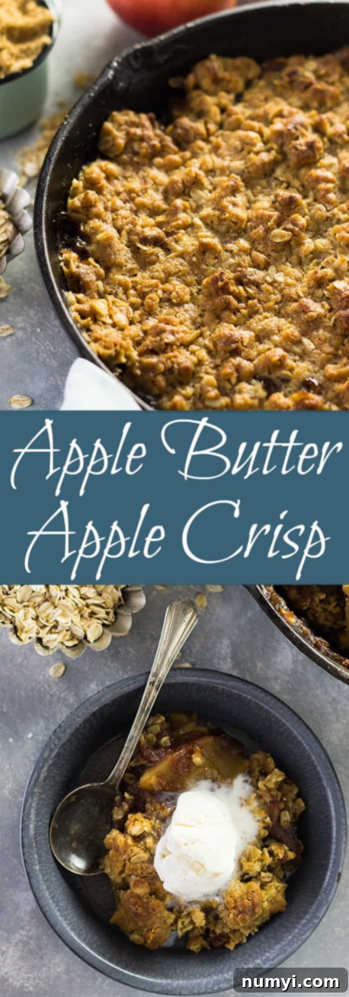 A large, full view of the Easy Apple Butter Apple Crisp baked in a cast iron skillet.