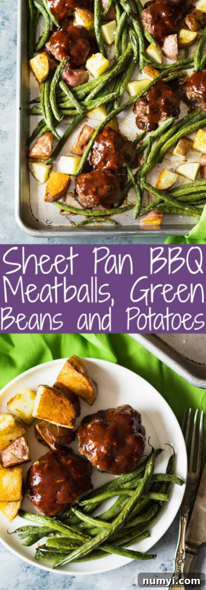 Close-up overhead shot of BBQ meatballs, green beans, and potatoes roasting beautifully on a sheet pan, showcasing the golden-brown crispiness and delicious glaze.