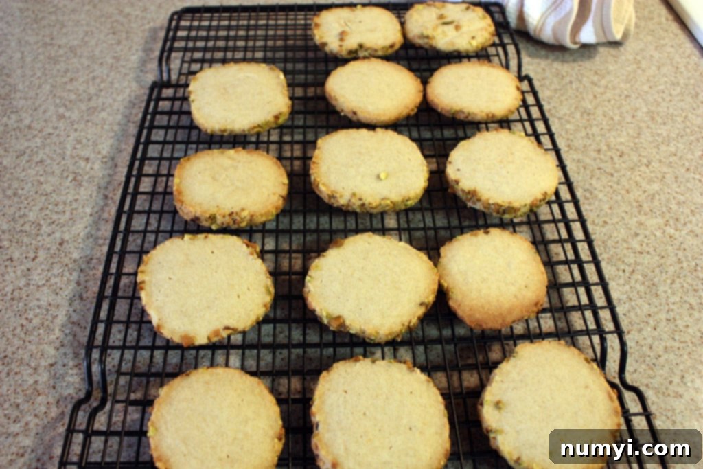 Golden-edged cardamom pistachio cookies cooling on a wire rack after baking, with some pistachio pieces visible.