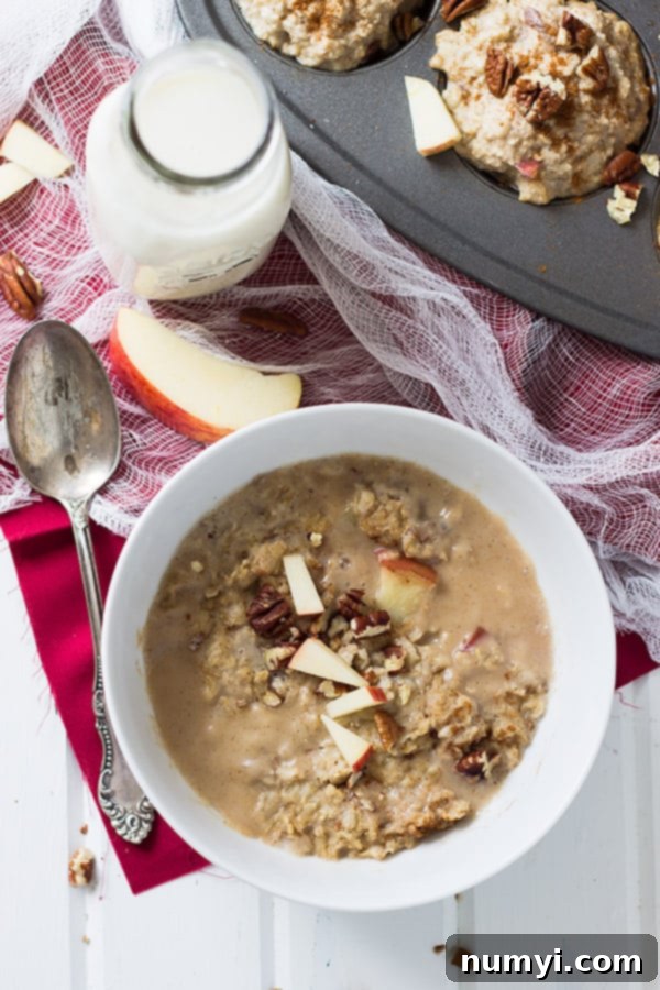 A bowl of reheated Apple Cinnamon Freezer Oatmeal Cups, garnished with fresh apple slices and a sprinkle of cinnamon.