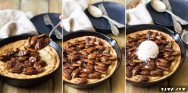 Thick, chewy skillet blondie topped with luxurious bourbon caramel pecans, served warm. An easy and decadent fall dessert recipe from countrysidecravings.com