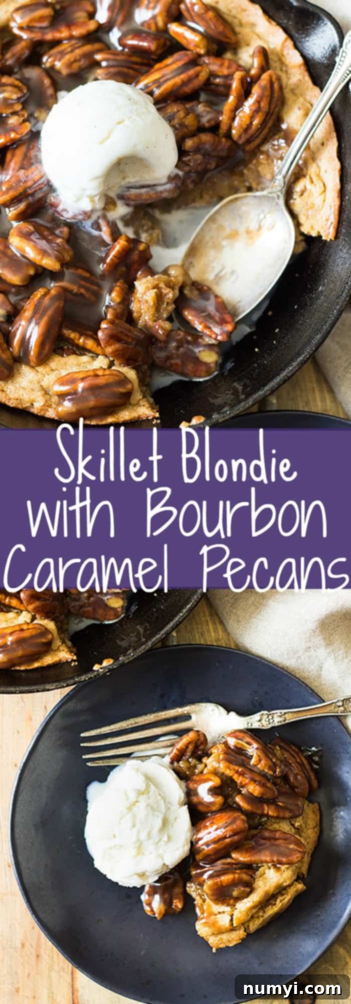 Skillet blondie with bourbon caramel pecans, a rich and chewy dessert recipe.