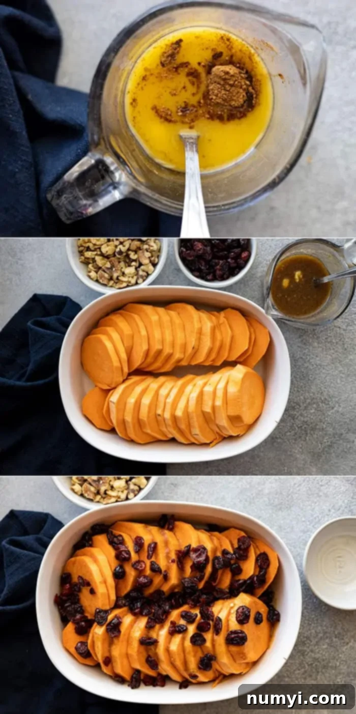 Jeweled Cranberry Sweet Potato Bake 4 Cranberry Sweet Potato Bake in a baking dish, with a serving spoon, garnished with more cranberries and nuts.