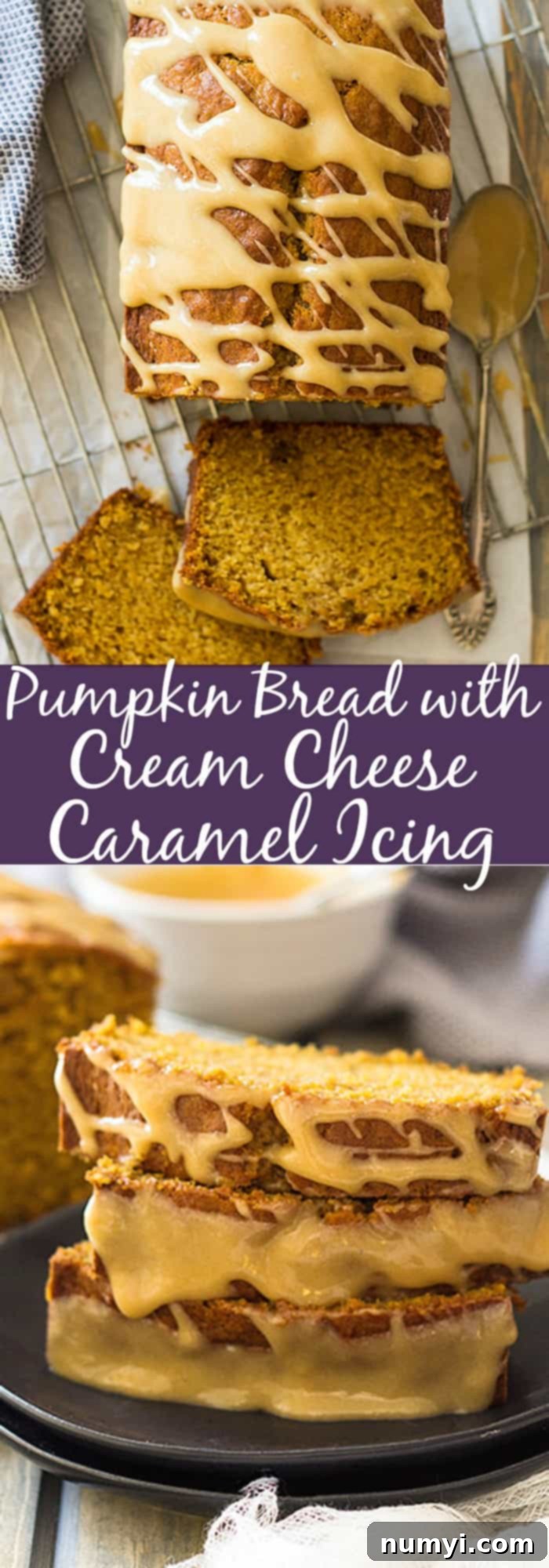 Tall slice of pumpkin bread showing moist interior and caramel icing dripping