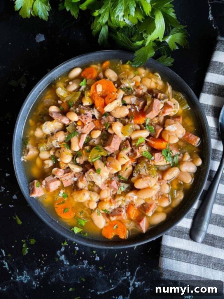 Ham and bean soup in a dark bowl on a dark surface, garnished with fresh parsley.
